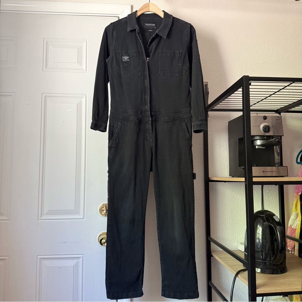WILDFANG black cotton utility cargo work chore full zip long sleeve jumpsuit